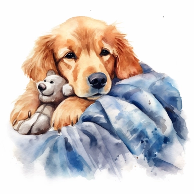 a heartwarming watercolor clipart image of a Golden Retriever with a white background, cuddled up with their favorite plush toy on a blanket.