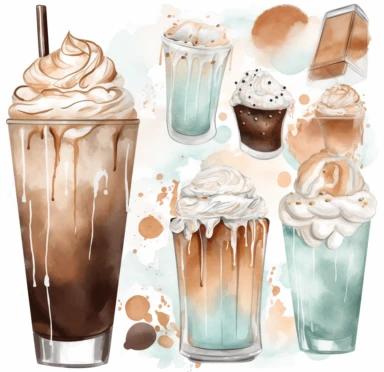 watercolor clipart iced chocolate coffee clipart, in the style of rococo pastel, masterful shading, teal and white, mural painting, lovely, multilayered dimensions, light orange and white
