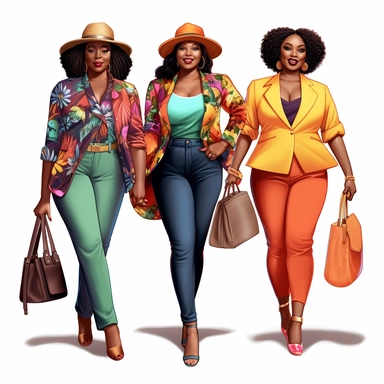 beautiful african american women full figured, clipart, fashion, full body, hat, purse, heels, pants, jacket, shirt, handbag, boss