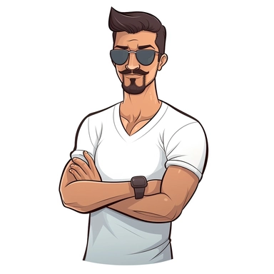 simple clipart cartoon of a man with a goatee and sunglasses, wearing a plain white T-shirt with arms crossed on a white background
