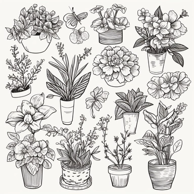 individual botannical clip art, black and white line art, 2 d,