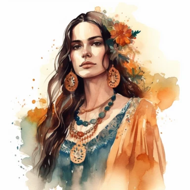 Romantic realistic watercolor of a beautiful young woman in full growth with long dark hair, Dia de Los Muertes style, wearing boho jewerly, mexican traditional dress, spiritual,translucent, multi-layered, delicate, bright colors, golden hour, fashion photography, watercolor clipart--no watermarks, no text