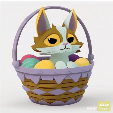 clipart of very cute abyssian kitten, playing in a basket full of easter eggs, solid white background, in the style of mary blair, vintage disney animation style