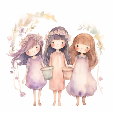 watercolour clipart, separate elements, Embark on a whimsical journey with Bells, Creamy, and Flowery - three young girls who weave wonders and magic from paper. Their artwork flourishes in the enchanting realm of watercolour, where every stroke tells a story. Meet Bells, the sweet and scatterbrained dreamer, with a great sense of humor. She immerses herself in the world of digital design, creating exquisite papers for scrapbook albums. Though she may often forget things, her delicate touch and 