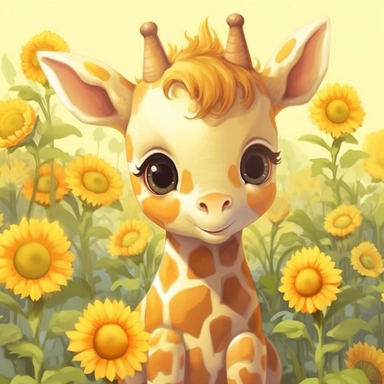 kawaii, cute shy baby giraffe in sunflower garden clipart, magical background--ar 2000:1763