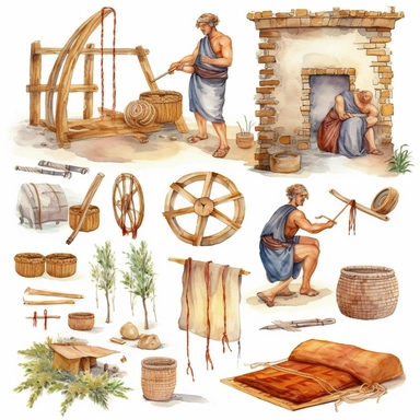 Watercolor well roman people weaving cloth , illustrations clipart set, simple, , cartoon elements, different variants , , marble elements, separate elements with a margin