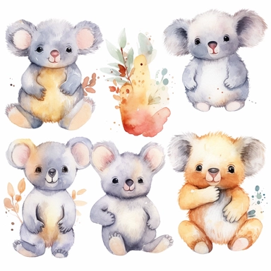 Watercolor baby australia animals , illustrations clipart set, simple , cartoon elements, different variants , , separate elements with a margin