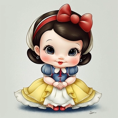 Disney princess baby 1 year old snow white chibi style sitting happy little happy eyes kawaii style happy detailed sharp detailed mouth smile rounded face delicate crisp detailed dress hands behind feet hand drawn chibi style painted like watercolor in clip art 32k paper