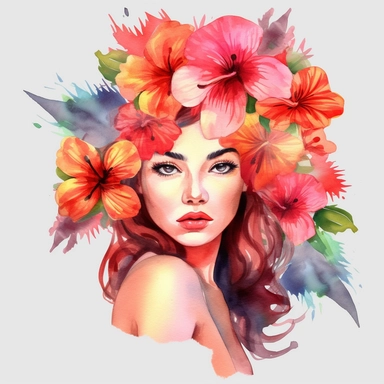 watercolor A woman's face, full body, Hibiscus - Hibiscus flowers are large and colorful, with petals that come in shades of pink, red, and yellow. They are often used in tropical-themed decor and are associated with warm weather and sunny days. with flowers and leaves adorning her hair. hair up with flowers vividly bold designs png Full body realistic cartoon in 32K UHD cute. 15 cm thick outline. Black color. There was no shadow on the ground. 8k with realistic watercolors. and detailed illustr