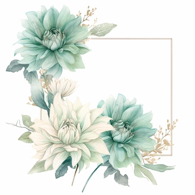 a floral frames made with teal and pastel teal Dahlia flowers, wet on dry watercolour style, antique look, clipart, white background