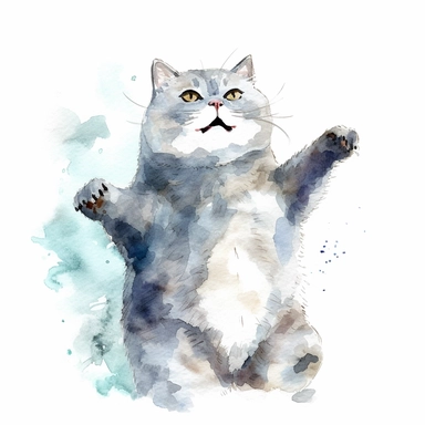 Clipart, watercolor, white background: A British Shorthair cat in a playful pose, capturing its fun-loving and mischievous nature.