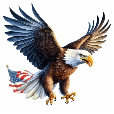 flying bald eagle with american flag in his talons, clip art, white background