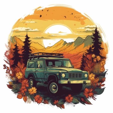 offroad floral advventure car 4*4 vehicle truck between high mountains and trees, vivid colors, sunset, clipart, hd, white background