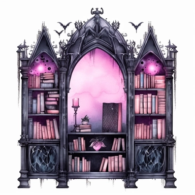 Gothic style bookcase with watercolor effect,suitable for digital clipart,white background,gothic pink scene,gothic colors,gothic tools,gothic roses,dark scene,twinkles
