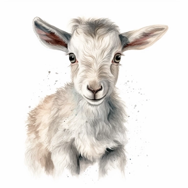 baby dwarf blue eyed Nigerian goat, very detailed and realistic, watercolor, white background with margins, clipart style