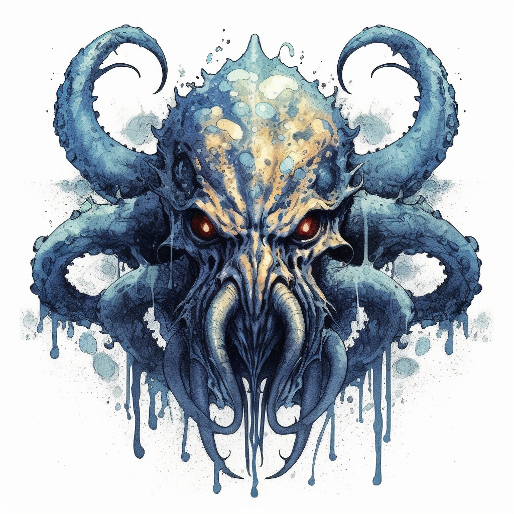 scary face of a water demon with tentacles and crab claws, watercolor ...