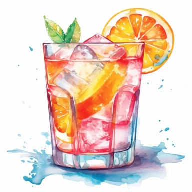 clipart watercolor pastel neon colors - summer cool drink with ice cubes in it and cutted citrus fruits on top - hard contrast - high details - enough space between each item