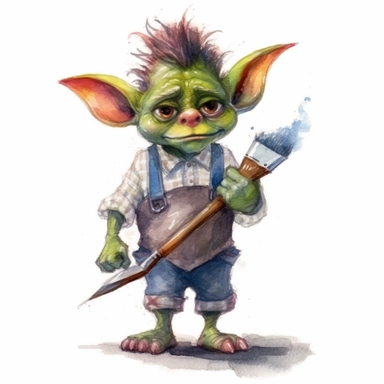 Create a watercolor clipart of a cute goblin in work attire, perfect for adding a quirky touch to your designs. The goblin should be depicted in a pastel color palette, with soft, whimsical brushstrokes and no background, making it easy to integrate into any project. Use a wide-angle camera lens to capture the goblin from a slightly lower angle, emphasizing its playful, mischievous nature.