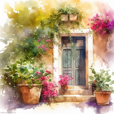 Create a beautiful watercolor clipart of a rustic Mediterannean courtyard with a collection of flowering potted plants and trailing bougainvillaea against a painted white rustic cottage door. The composition should be set against an isolated white background, with a bright and airy feel. Focus on capturing intricate details such as the delicate petals of the roses. Use a loose and fluid watercolor technique to create a sense of movement and lightness. Experiment with the use of negative space to