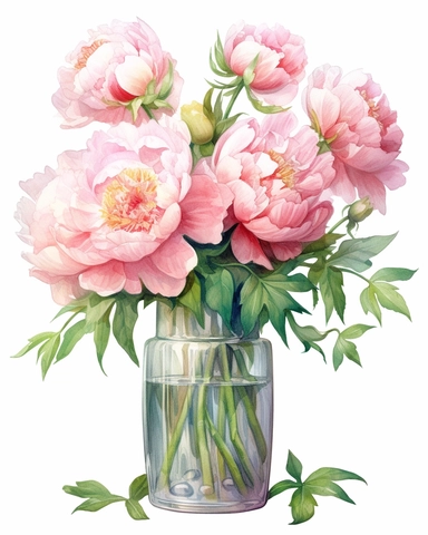 vibrant watercolor bouquet of pink peony flowers on a glass vase with water, isolated on white background, realistic, clipart