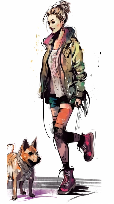 cute young high fashion woman wear Doc Martens shoes, walking her adorable little dog, vector clipart alcohol ink