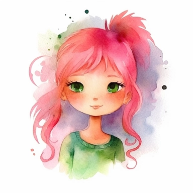 watercolour clipart of a girl with pink hair , green eyes, she is the catalyst for her group shared common dreams, binding the girls together. She is direct, occasionally sharp-tongued, and highly empathetic. With a heart full of compassion, she never hesitates to lend a helping hand to anyone in need. She`s dedication to their craft is unparalleled, make her smiling, exalted mood, white background, 8k, f1