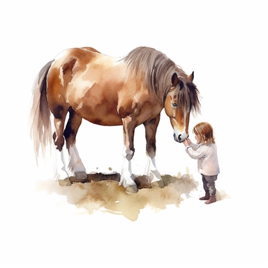 realistic watercolor drawing of a woman hand feeding a pony on a charming farm, on a white background where the background will be removed to repurpose as a clipart.