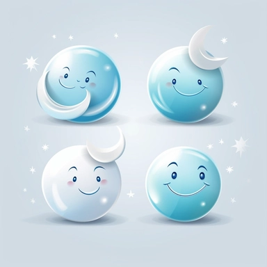 beautiful smiling moon symbols in white, pale blue and silver, white background, vector-style, clipart collection