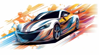 Contemporary vector clipart featuring a stylized drift car, represented by bold lines and abstract shapes, highlighting the car's distinctive design and speed, suitable for use in logos, icons, or racing-related infographics, on a clean white background
