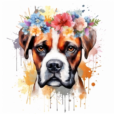 Clipart of a cute little boxer dog flowers full multicolor white background