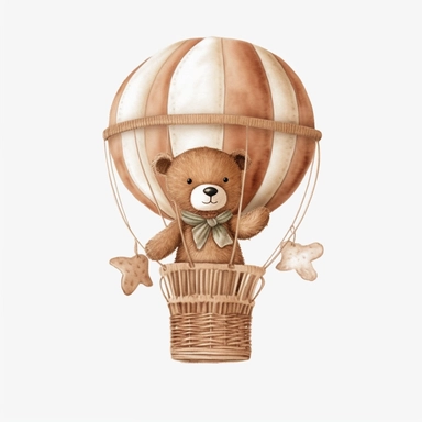 Boho teddy bear clipart for a nursery, light brown tone for a boy, in a hot air balloon, solid white background