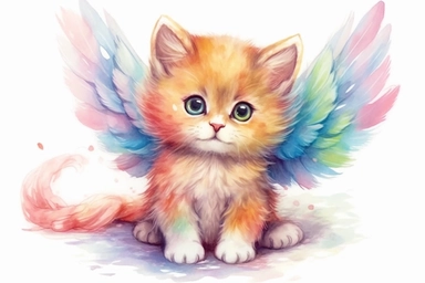 Adorable angel kitten, vivid colours, ornamental watercolor clipart, white background, I can’t believe how beautiful this is