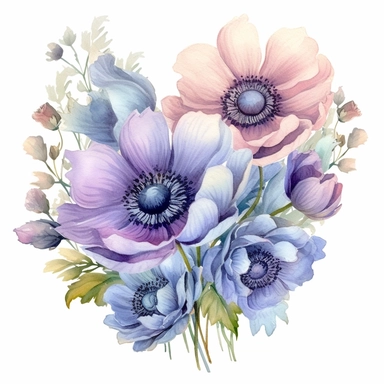 anemone flower bunch arranging into the boarder, watercolor, clipart, highly detailed, HD, pastel color