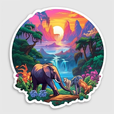 random animal, close up, a sticker, artwork of t shirt graphic of majestic forest, in digital painting style , beautiful flowers, sunset mountains and clouds , big vines, stone temple covered in vines, white background, colorful fantasy flower surround, highly detailed clean, vector image, photorealistic masterpiece, professional photography, realistic, flat white background, isometric, vibrant vector, clipart, illustration, realism, 4k, , cinematic, front view, white background, paradise, extre