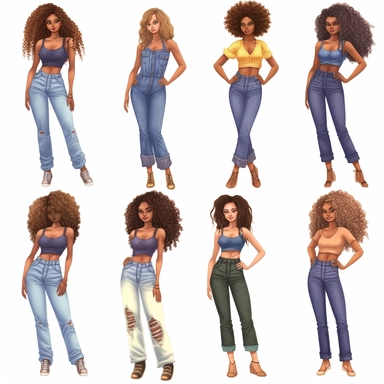Denim girl clipart, Denim clipart, Fashion girl clipart, wearing denim shorts, brown leather sandals, Jeans Girl Clipart, African American clipart, Afro girls clipart, Clipart, ultra realistic, hand drawn,wearing the white crop tops, all with beautiful bright smiles, Full body. Clothing line, retail fashion, 2023, fashionnova, African american, mid sized models. Highly detailed. very attractive, glamorous, make up beautiful, gorgeous, glowing make - up. full body and heels. multiple outfits. ind