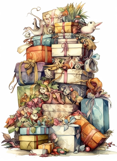 insanely beautiful pile of a few gift packages , in the style of jody bergsma, 32k uhd, hand-painted details, charming illustrations, amazing enchanted colour combinations , aquarellist, hd , white background clipart