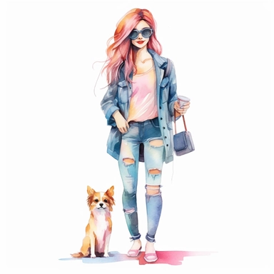 a cute clipart,unique outfit , different breed , full body , unique pose, unique outfit , white background , watercolors image, unique and vibrant , no other elements, clean shapes ,center and middle, cute