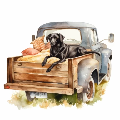 watercolor old farm truck with happy dog in bed, clipart, white background