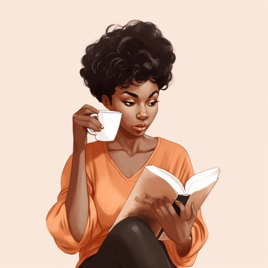 Gorgeous black woman clipart, studying the bible sipping a coffee, pixie cut hairstyle, peach blouse, dark brown skinned, melanin, white background