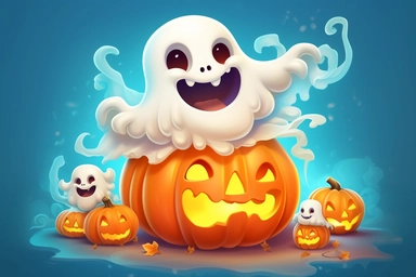 Cute ghost. Happy halloween ghosts characters, spooky expression creature. Funny scary magic demon with pumpkin, mystery creative nowaday vector clipart, realistic, full frame, very detailed