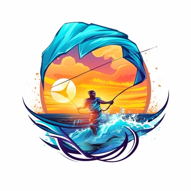 create a flat logo of a kitesurfering in action against a vibrant sunset backdrop and amazing blue waves, capturing the adventurous spirit and the beauty of the merging sports. realistic proportions, vibrant vector, clipart, illustration, realism, 4k, cinematic, front view, white background,