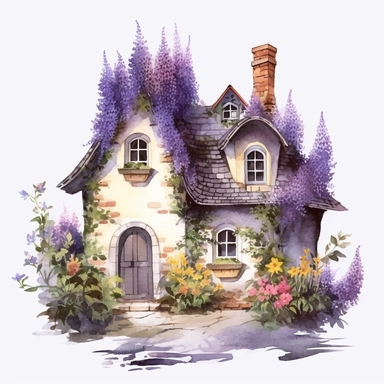watercolor mixed media masterpiece beautiful white cozy small house with violet door, richly decorated with lupine, pots with flowers, overgrown with moss, the garden at the back of the house, provence, golden accents, shabby shic style, by Rodney Matthews style and by Daniel Ridgway Knight style and by Nicholas Hely Hutchinson style, Baroque style, PNG clipart, isolated on white, extreme photorealistic details, 32k HD resolution, realistic high detailization high resolution