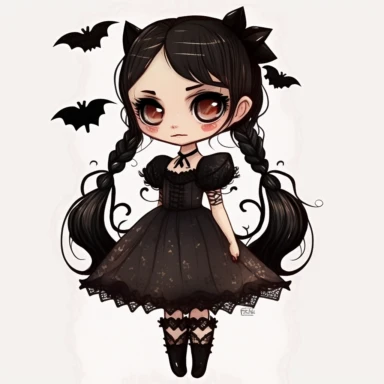 wide angle shot full body image, beautiful girl, black hair with two long braids, beautiful brown ayes, black socks, black shoes, gothic style, black princess dress, lace dress, dark red lips, decorated with a lots of bats, character, chibi, cartoon's style, white background, watercolor, clipart