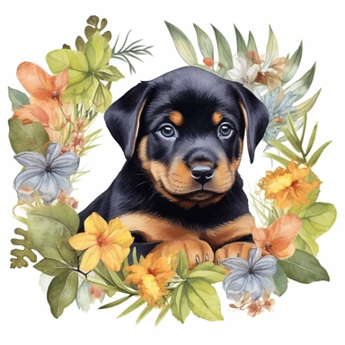 watercolor realistic rottweiler puppy clipart in a floral frame with transparent background