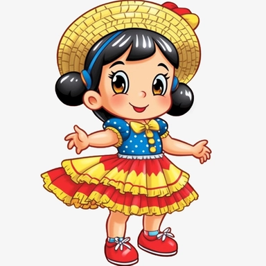 a cute blond little girl dressed for a brazilian junina party, with a blue and yellow flowing dress, braids in her hair, red shoes, happy, Monica's gang style, Graphics Maurício de Sousa, digital art, big eyes, cartoon, clipart , country girl from festa junina from brazil cute drawing white background