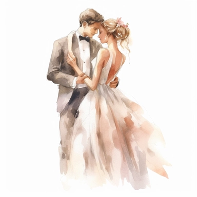 watercolor groom and bride cartoon clipart, isolated, white background