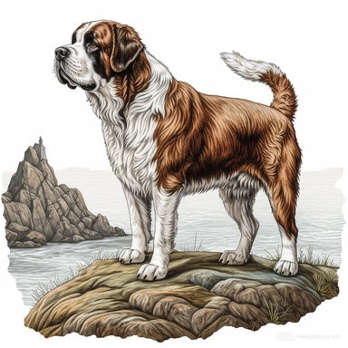 an embroidery design of a st Bernard dog standing on a cliff, coast of newfoundland, white background, highly detailed, clipart