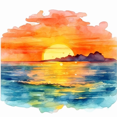 watercolor colorful clipart of a beautiful sunset over the sea, hd, on white background