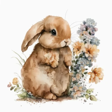 Little bunny holding flowers, clipart, High Quality, white background, Watercolor