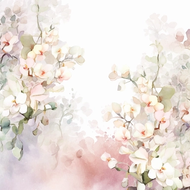(((realistic))) elegant, moody, soft, serene ((heavily diluted watercolor floral border)), ((abundant white orchid field)) and ((pale pink roses field with white Stephanotis)) Spring wedding Clipart, with (((solid white visible background))) ar--16:9